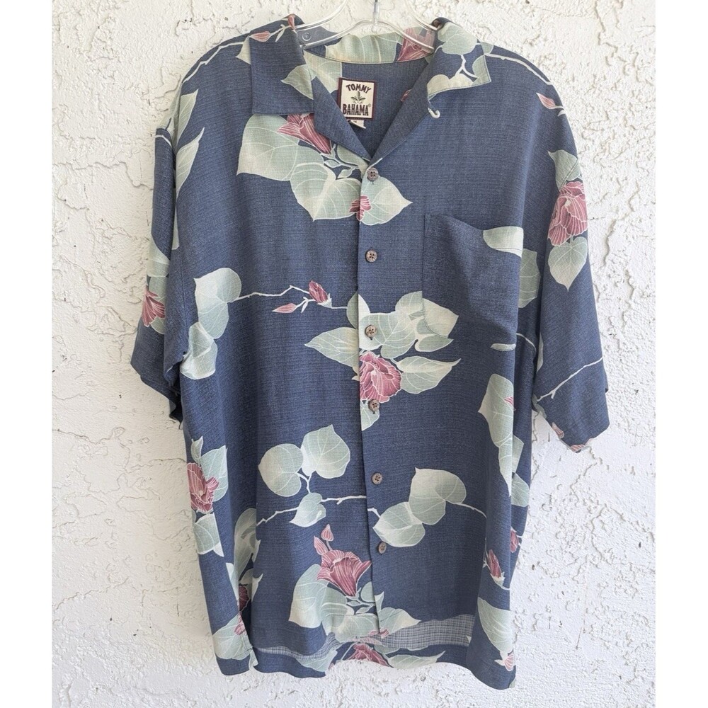 TOMMY BAHAMA 100% Silk Aloha Shirt Hawaiian Tropical Floral Blue Size M